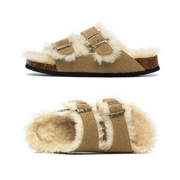 COSMAGIC 2022 Nuova Pelliccia All'interno Pantofola di Sughero Autunno Inverno Donna Casual Pelle Nabuk Al di Fuori Degli Uomini Fibbia Morbido Peluche Scivoli Scarpa G220730