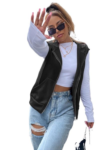 

kangaroo pocket drawstring zipper thermal vest hoodie n4js#, Black