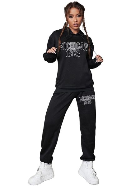 

drop shoulder hoodie letter graphic and sweatpants 76on#, White