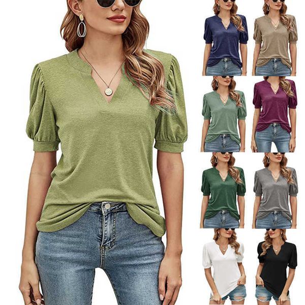 

women's 2022 summer new casual v-neck solid color bubble sleeve loose t-shirt women, Tan;black