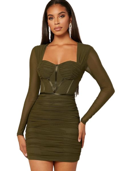 

ruched mesh overlay bodycon dress 57zt#, Black;gray