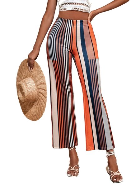

high waist vertical striped flare leg pants 25no#, Black;white