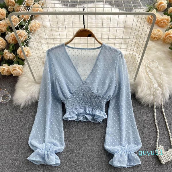 

women's blouses & shirts retro women v-neck shirt 2022 spring summer long sleeve thin see-through short elastic waist solid blouses, White