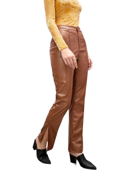 

solid split hem pu leather pants z3ek#, Black;white