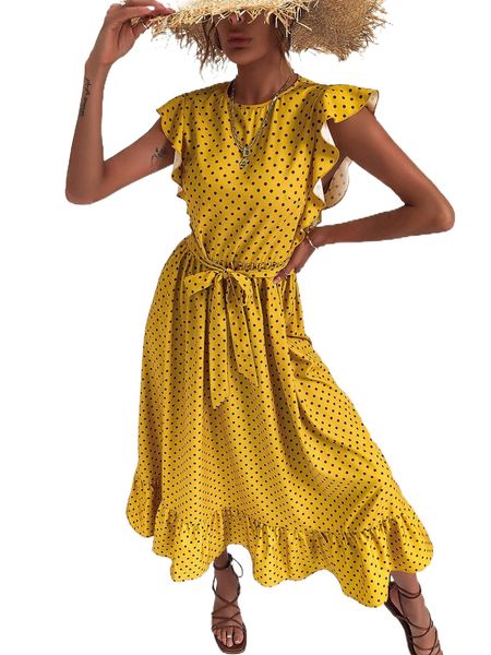 

polka dot ruffle hem belted dress n1aq#, Black;gray