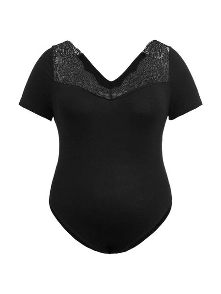

plus lace panel scallop trim bodysuit h6b0#, Black