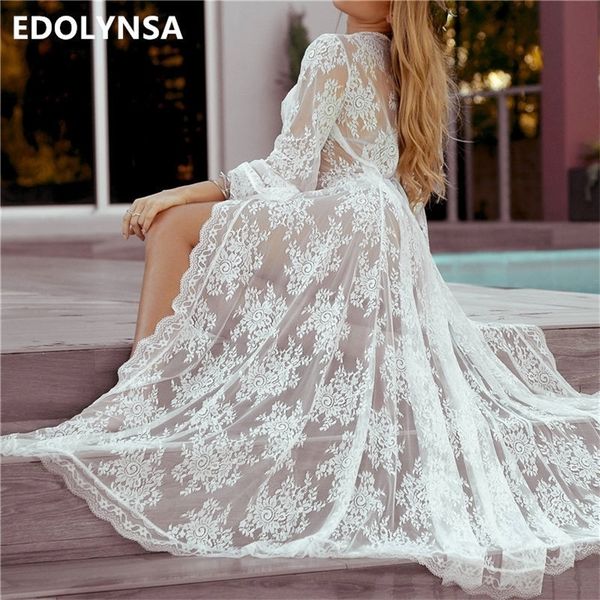 

tunics for beach long lace beach dress women swim cover up plus size saida de praia robe de plage kaftan beach cover up q609 t200324, White;black