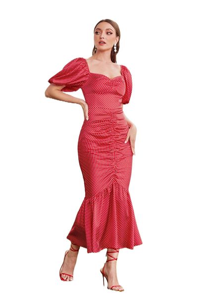 

sweetheart neck puff sleeve ruched mermaid hem polka dot dress m4rv#, Black;gray