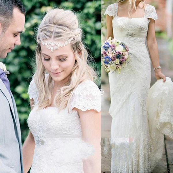 

vintage lace mermaid wedding dresses 2022 applique short cap sleeves sweep train square neck wedding bridal gown robe de mariee, White