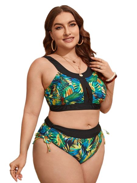 

plus tropical print cut out drawstring bikini swimsuit h12z#, White;black