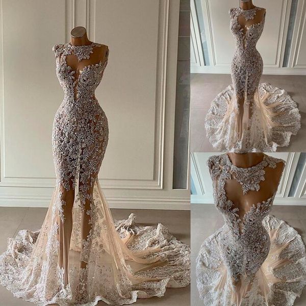 Vedi attraverso abiti da sposa a sirena collo gioiello 3D applicazioni di pizzo floreale abiti da sposa africani Robe de mari￩e