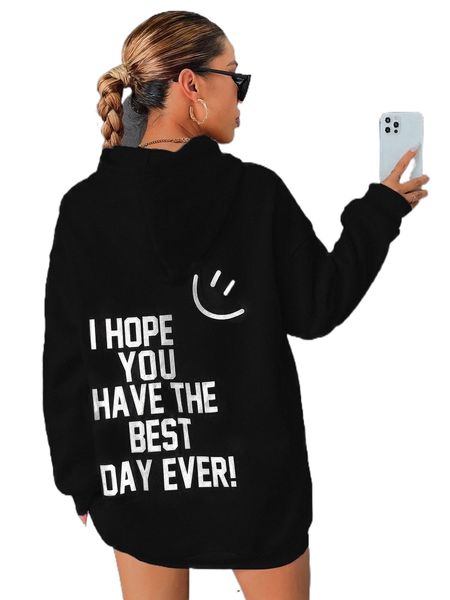 

slogan and cartoon graphic drop shoulder hoodie 38kj#, Black
