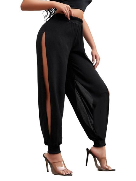 

sxy high waist mesh insert pants n52y#, Black;white