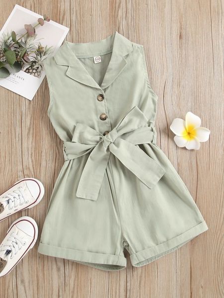 

toddler girls lapel collar button front belted romper she, Blue