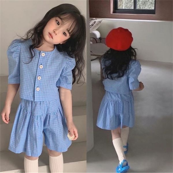 

summer girls clothing sets temperament plaid short sleeved shirt five point culottes 2pcs baby kids children clothes suit 220620, White