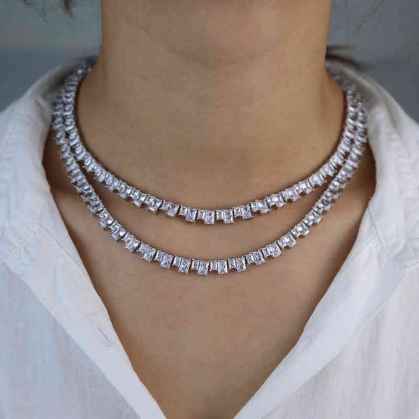 

iced out sier baguette cz tennis chain necklace for women hip hop ice 5a cubic zirconia choker jewelry in stock, Silver