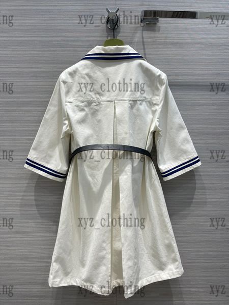 

22ss high-end womens preppy shirt dress mid sleeve designer cotton dresses temperament lapel h skirt pearl black leather belt dresses size s, Black;gray