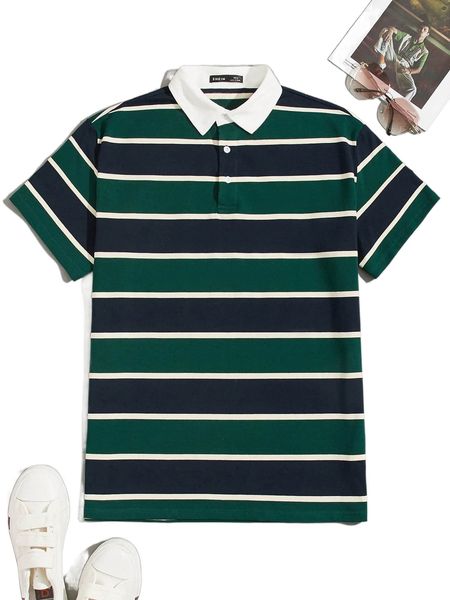 

men striped print button front polo shirt k5qx#, White;black