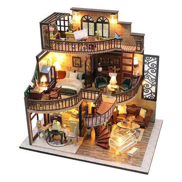 Kit casa delle bambole 3D Miniatura fai da te Villa retrò casa delle bambole in legno fatta a mano per bambini di Natale AA220325