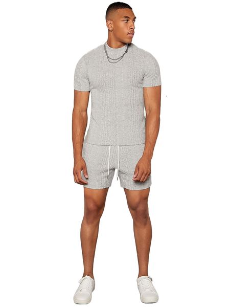 

men mock neck ribbed knit tee & shorts 33nn#, Gray