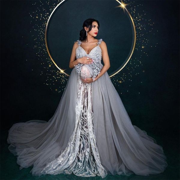 

fashion maternity dress for p shoot women's prom dresses overskirt lace flowers evening gowns party vestido de novia, Black