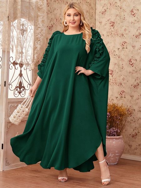 

plus frill trim dolman sleeve maxi dress f4tk#, Black