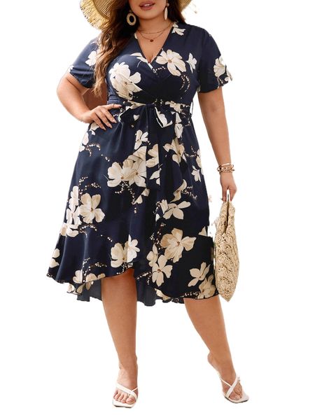 

plus floral print overlap collar ruffle trim belted dress x7kb#, Black