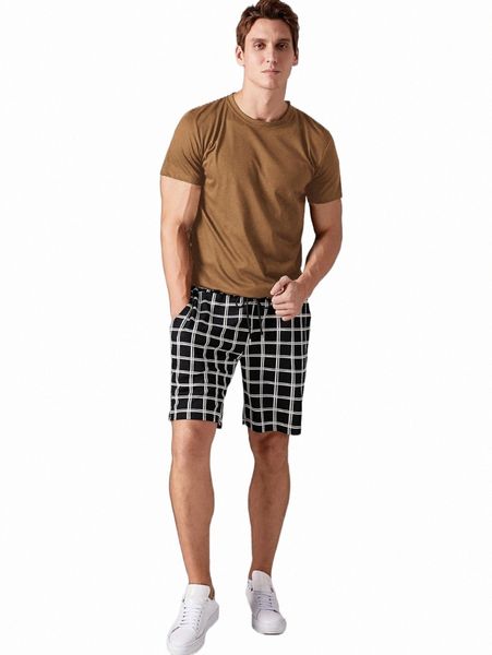 

men solid tee with plaid drawstring shorts m22j#, Gray