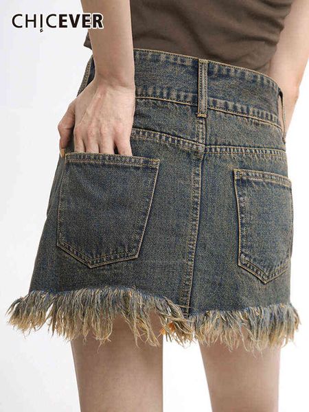 

chicever vintage denim skirt for women high waist patchwork tassel slim mini bodycon skirts female fashion clothing style t220819, Black