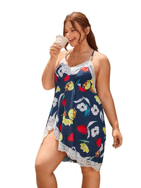 

plus floral print lace trim criss cross back cami nightdress g2zo#, Black;white