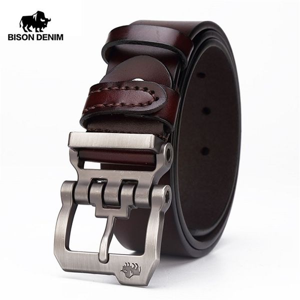 

bison denim genuine leather belt for men gift designer jeans belts men's cowskin personality buckle vintage n71223 220402, Black;brown