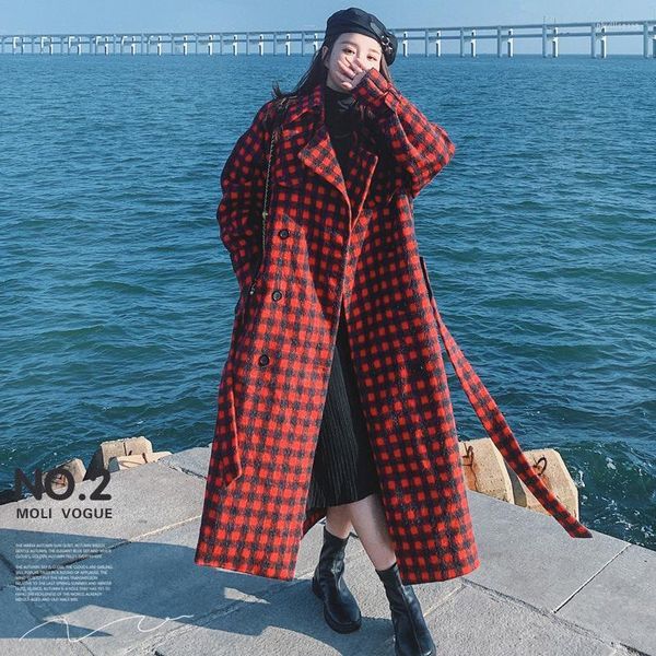 Lã feminina mistura lã casaco de lã inverno retro xadrez longa coreana solta tamanho grande manto lak lak lak trespassed jaqueta engross feminina feminina feminina