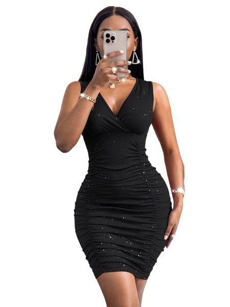 

rhinestone ruched bodycon dress 00aa#, Black;gray