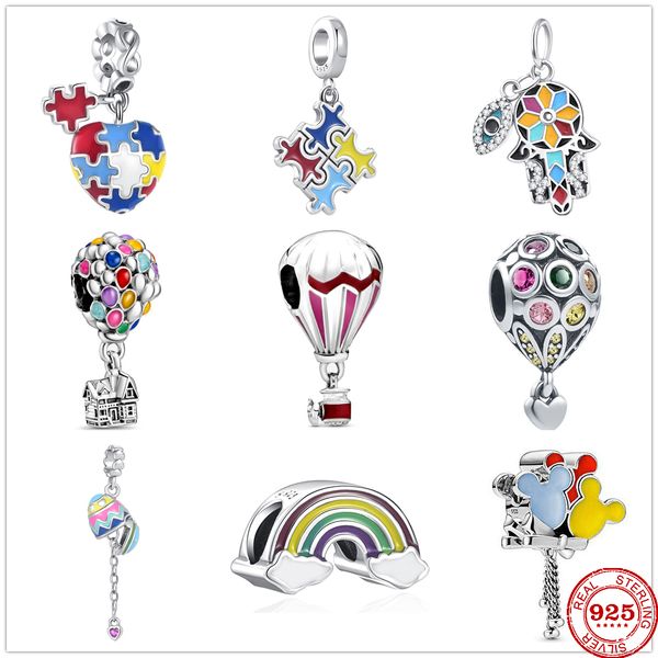 Abalorio colgante de Plata de Ley 925, globo de rompecabezas, cuentas de arcoíris, compatible con pulsera Pandora, accesorios de joyería DIY