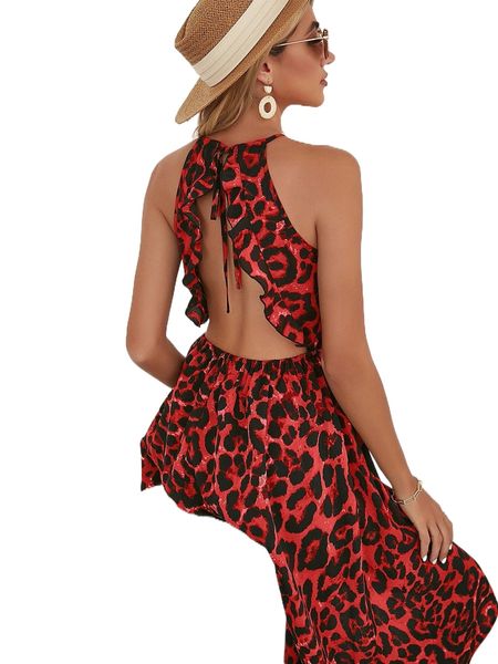 

leopard print ruffle tie backless asymmetrical hem halter dress t2kr#, Black;gray