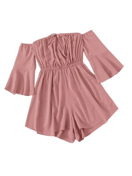 

solid f.lounce s.leeve t.ie f.ront bardot romper l6xt#, Black;white