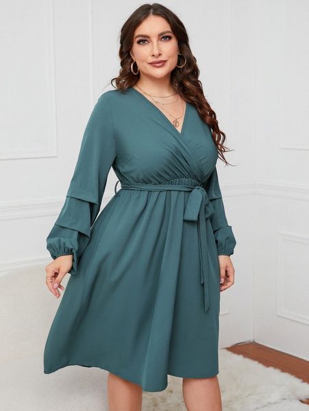 

plus surplice neck lantern sleeve belted dress q9or#, Black