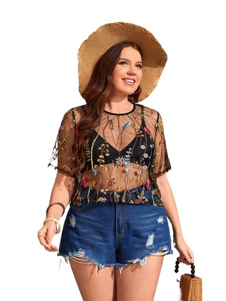 

plus floral embroidery sheer mesh without bra 40wt#, Black