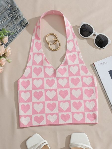 

heart print halter neck knit y5kl#, White;black