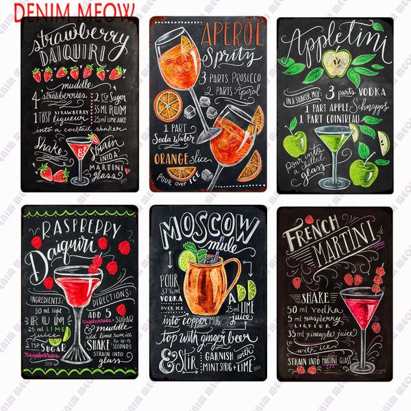 

classic cocktail metal signs ice cold drink strawberry daiquiri plaque vintage blackbord drawing bar pub posters home dec