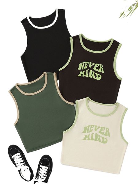 

4pcs slogan graphic contrast binding tank u4o2#, White