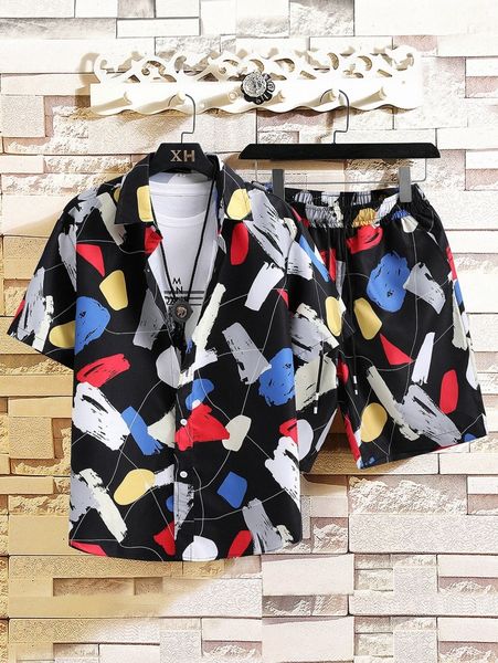 

men allover print shirt & shorts a0t0#, Gray