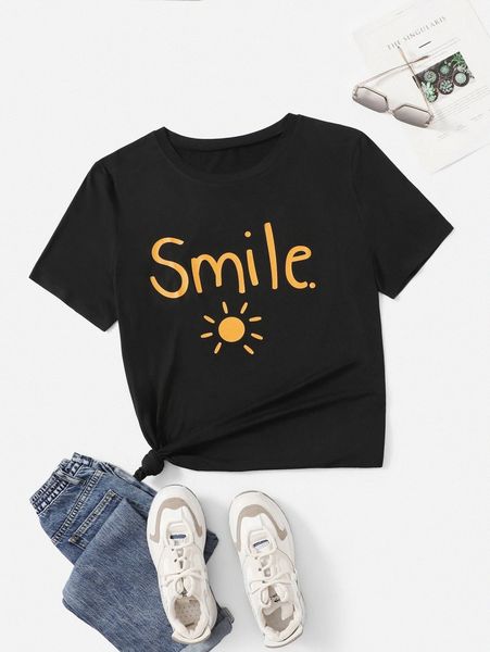 

plus sun & letter graphic tee t6y8#, Black