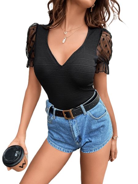 

contrast dobby mesh puff sleeve tee m0im#, White