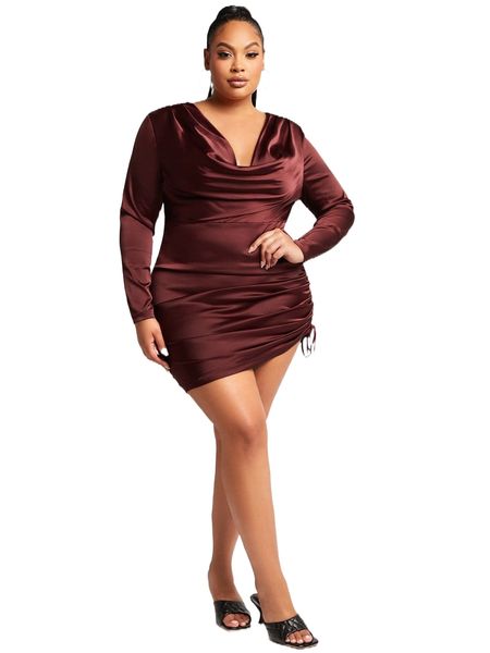 

sxy plus cowl neck drawstring knot side satin dress k6us#, Black