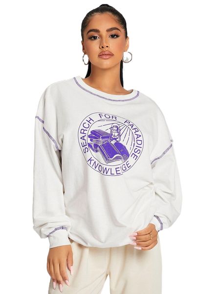

sxy book & letter graphic titching drop shoulder sweatshirt t6t5#, Black