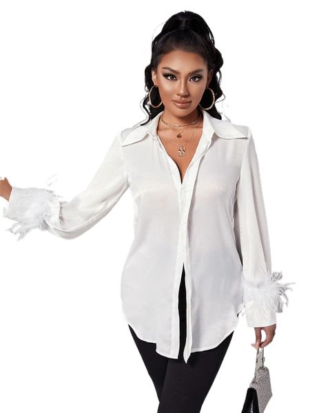 

fuzzy trim button front shirt u9x3#, White