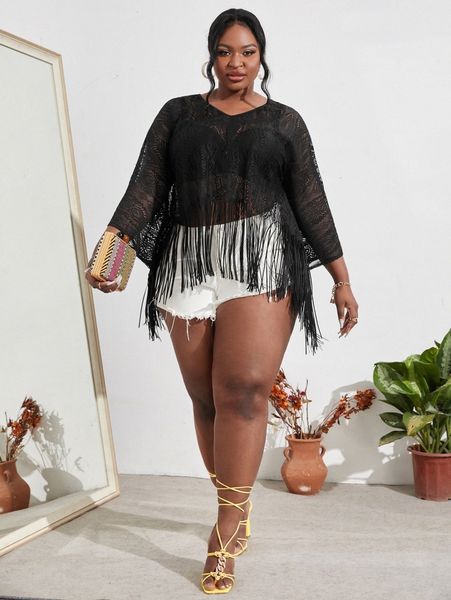 

sxy plus batwing sleeve fringe hem lace 28dr#, Black