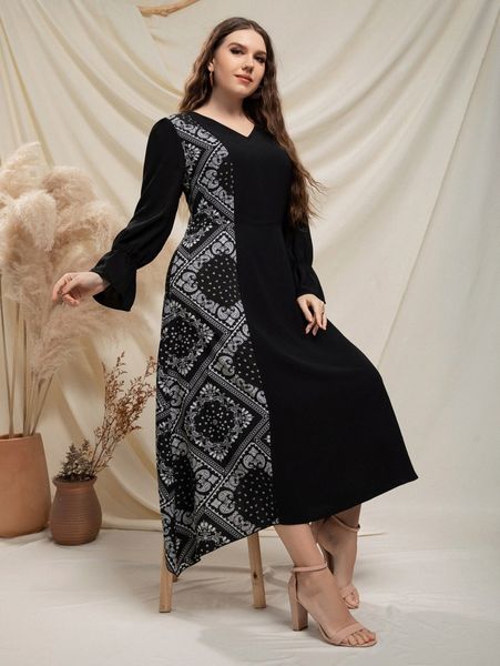 

plus paisley and scarf print flounce sleeve dress z8hz#, Black