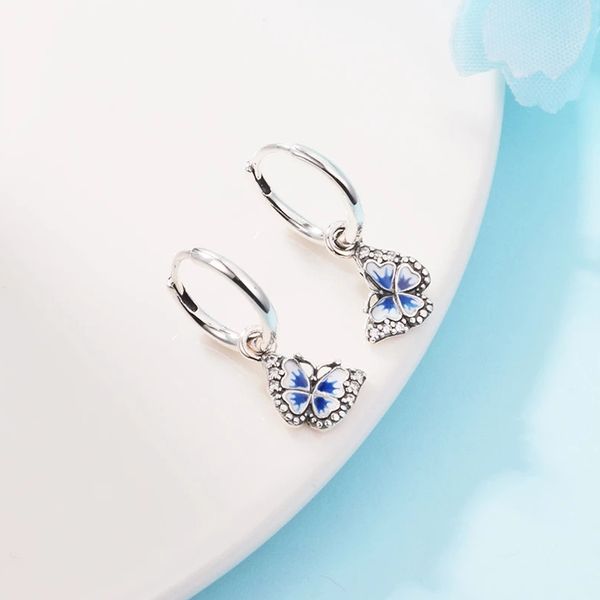 2022 Frühling neue authentische 925 Sterling Silber blaue Schmetterling Creolen Luxus für Frauen Mädchen passen Pandora Modeschmuck Brincos Großhandel 290778C01